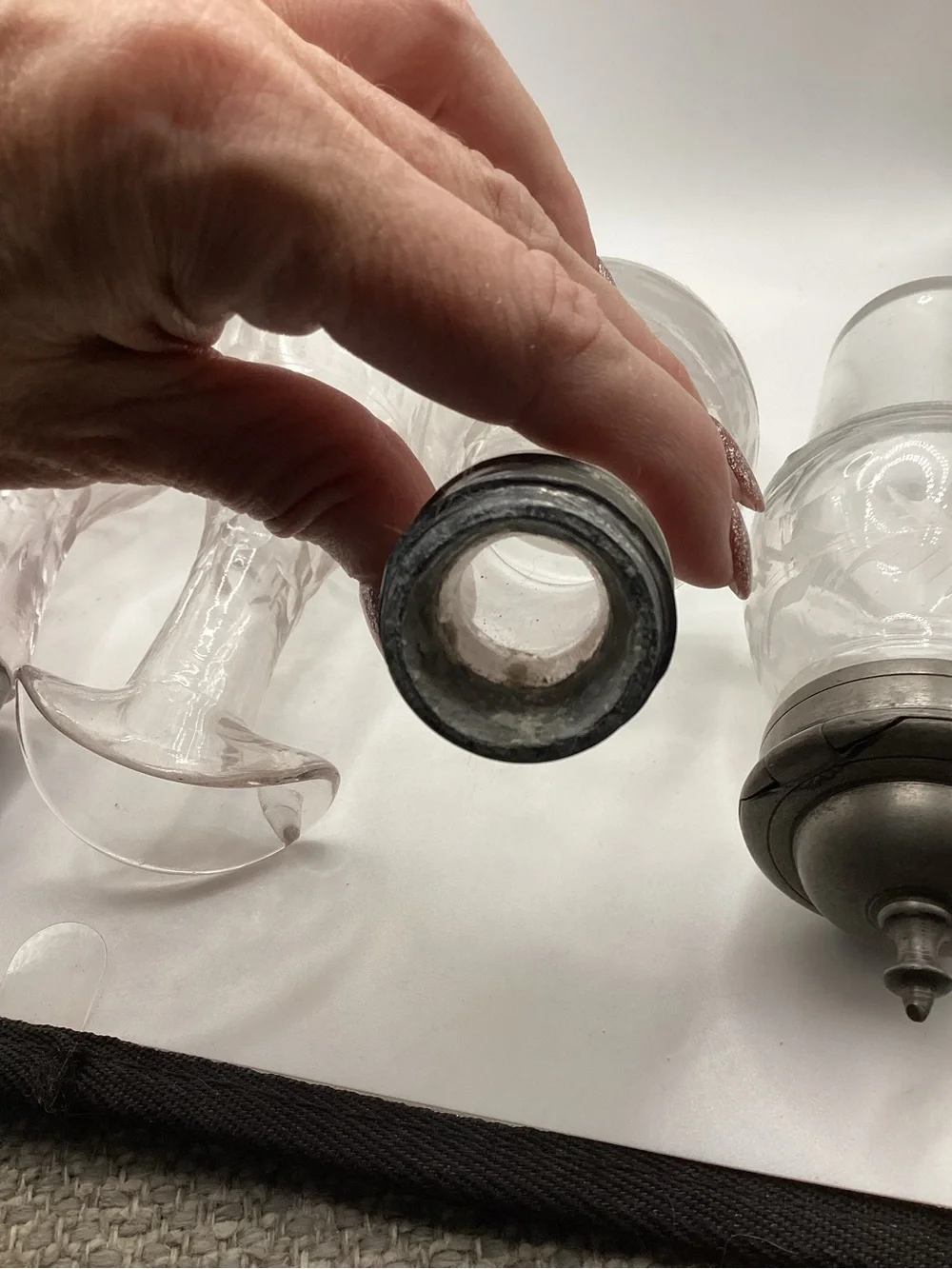 Clear Etched Glass Cruet and Shaker Set with Pewter Lids